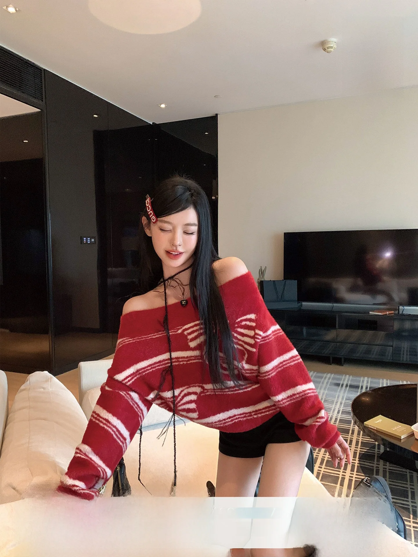 

Cisas Aosphere Red Knitted Sweater with Knot One oulder Casual Sle Winter Par Women's Faion Top