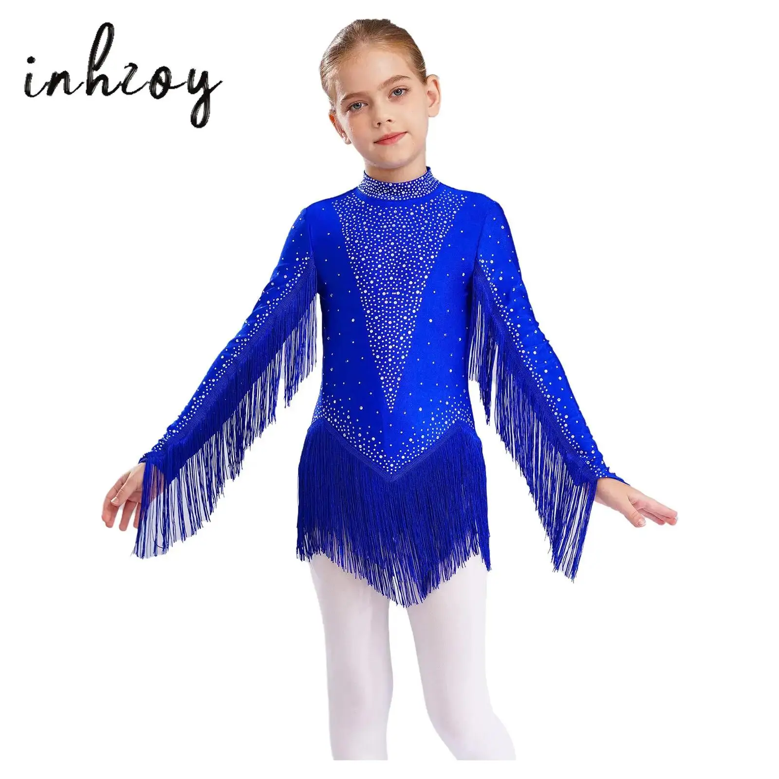 

Tassels Latin Dance Leotard Dress Kids Girls Mock Neck Long Sleeve Cutout Sparkling Rhinestones Fringe Skirted Bodysuit Cha-Cha