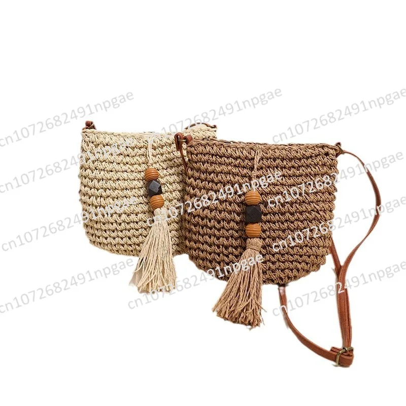 

Crossbody Straw Woven Bag New Wooden Bead Fringed Straw Bag Woven Bag