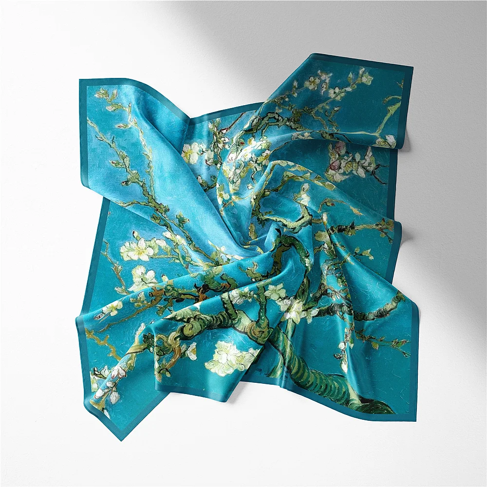 53cm French Summer New Van Gogh Oil Painting Apricot Flower Ladies Temperament Small Square Scarf Decoration Twill Kerchief