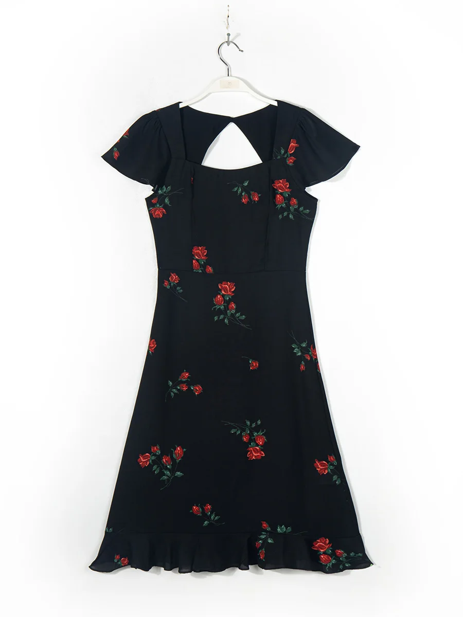 Zomer Vrouwen Jurk 2023 Nieuwe Korte Mouw Rose Bloemenprint Vintage Midi Jurk Sweetheart Hals Ruche Zoom Elegante Partij Jurken