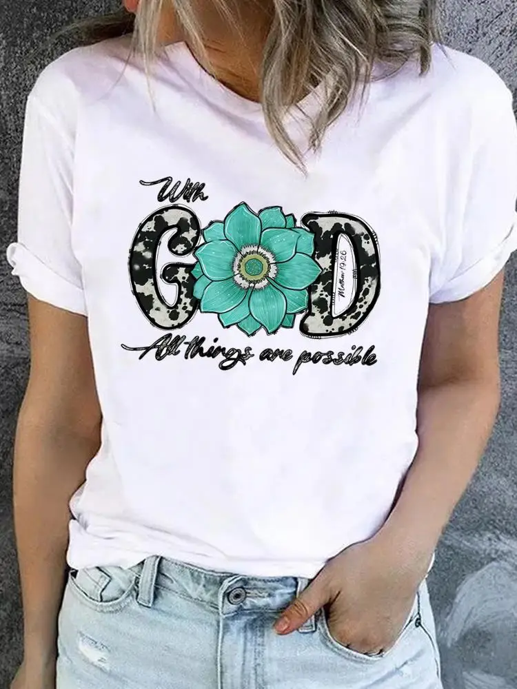 

Tee Clothes Fashion Print T Shirt Women Clothing Short Sleeve Top Flower Letter Lovely Faith Basic Graphic T-shirts