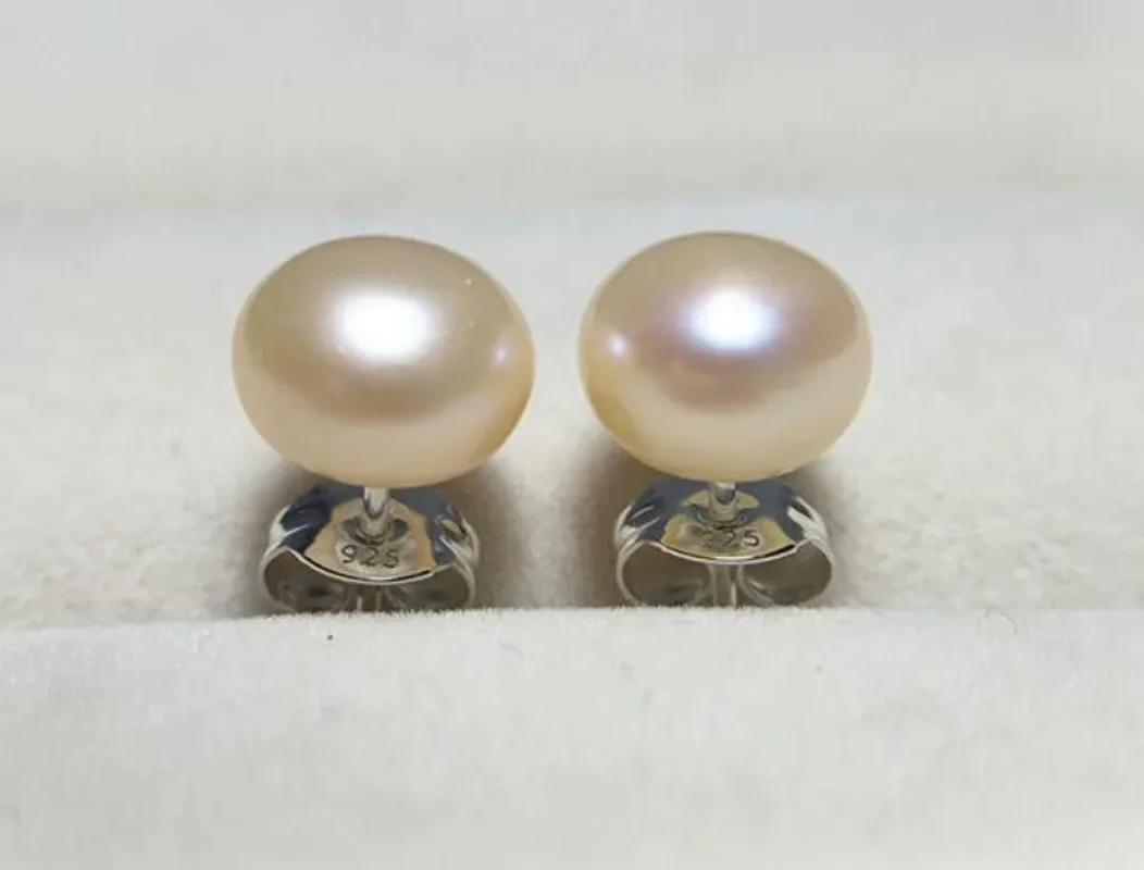 

Elegant 11-12mm Gold Pink Flat Bottom Pearl Stud Earrings for Women Wedding Party Jewelry Accessories AAA Dangle,hook