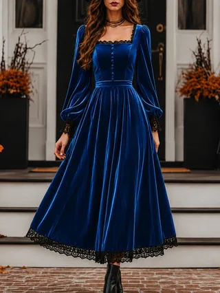 Vestido Midi de Terciopelo para Mujer, Cuello Cuadrado, Encaje Negro, Manga Larga Abullonada, Cintura Alta, Corte en A, Estilo Vintage, para Fiesta, Boda, Invitada