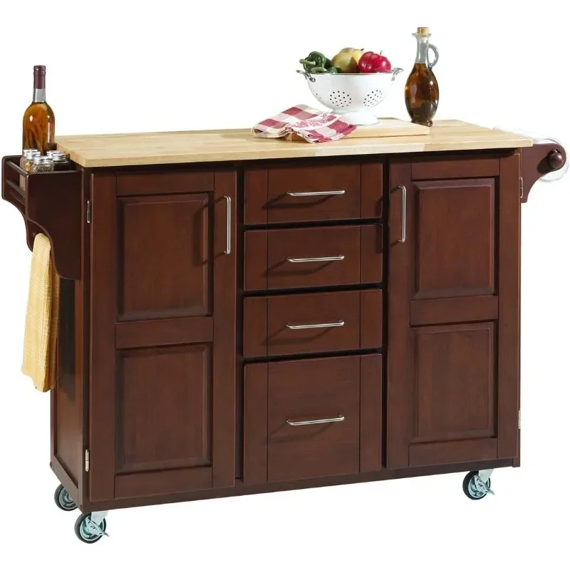 Mobile Cart 2 Door Cabinet Kitchen Cart with Natural Wood Top and Adjustable Shelves Can Put on The Dining Room and Living Room