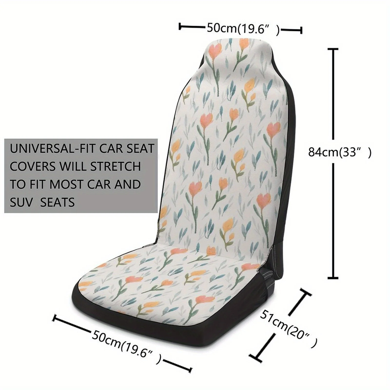 2pcs Car Seat Covers Front Seats Fit - Floral Tulip Pattern With Green Leaves, Breathable Non-Slip Fabric, Machine Washable For