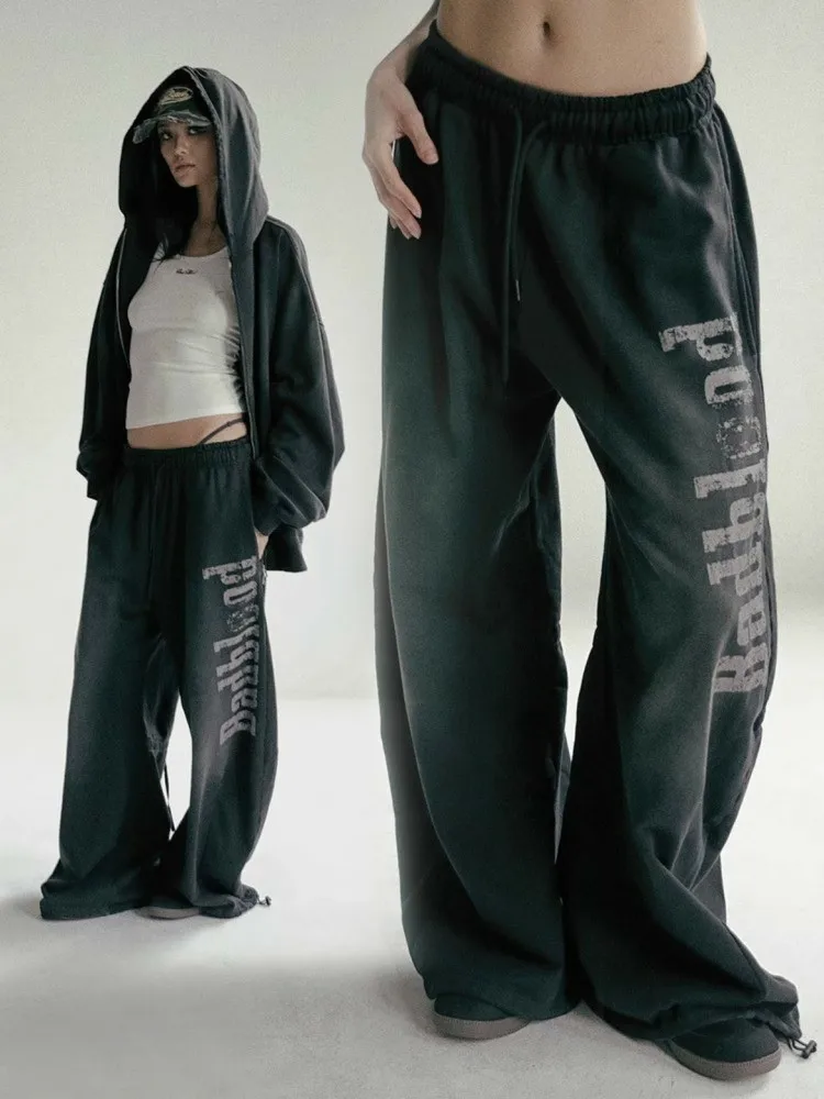 

Ретро-спортивные брюки с эффектом потертости, свободные широкие брюки для женщин, американский стиль, удобная посадка на талии