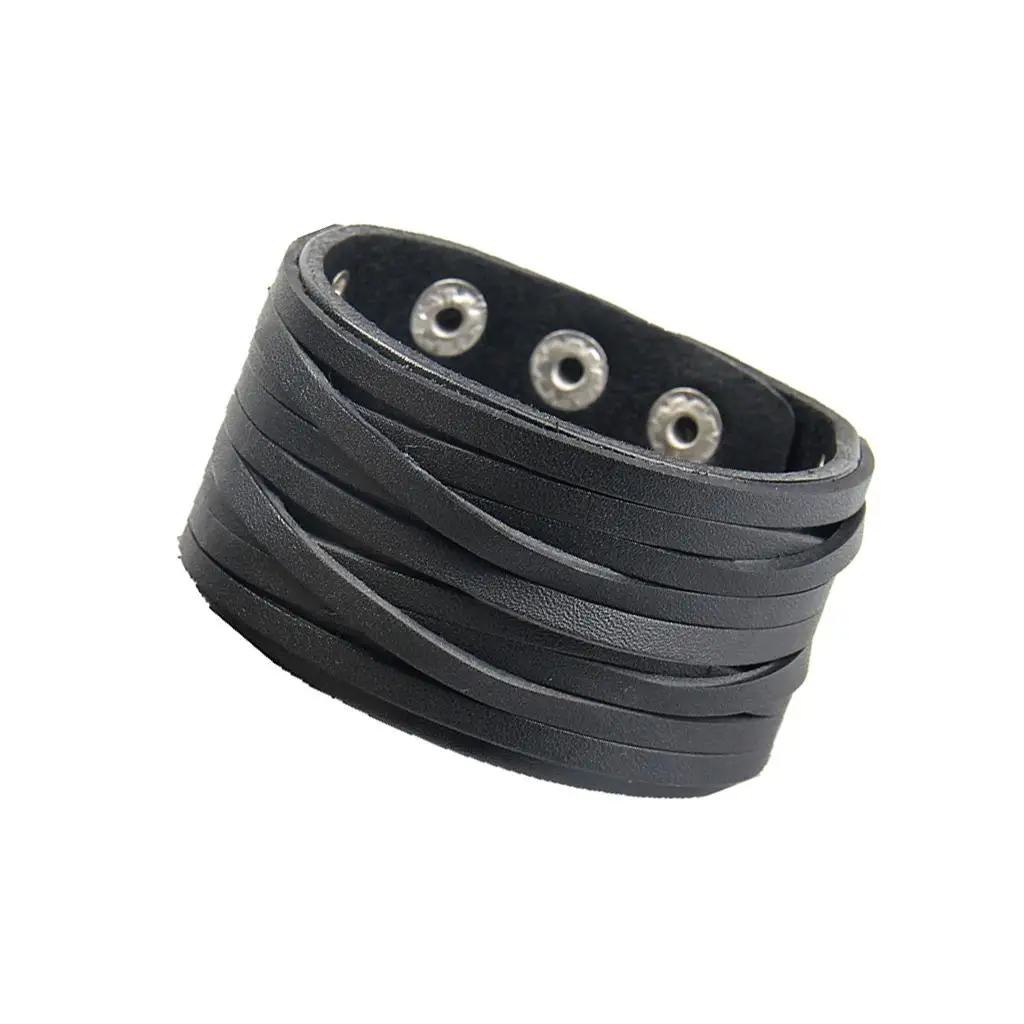 Unisex Braided Leather Cuff Bracelet Wide Two Layer Snap Button Bangle Fashionable Punk Wristband for Casual Style