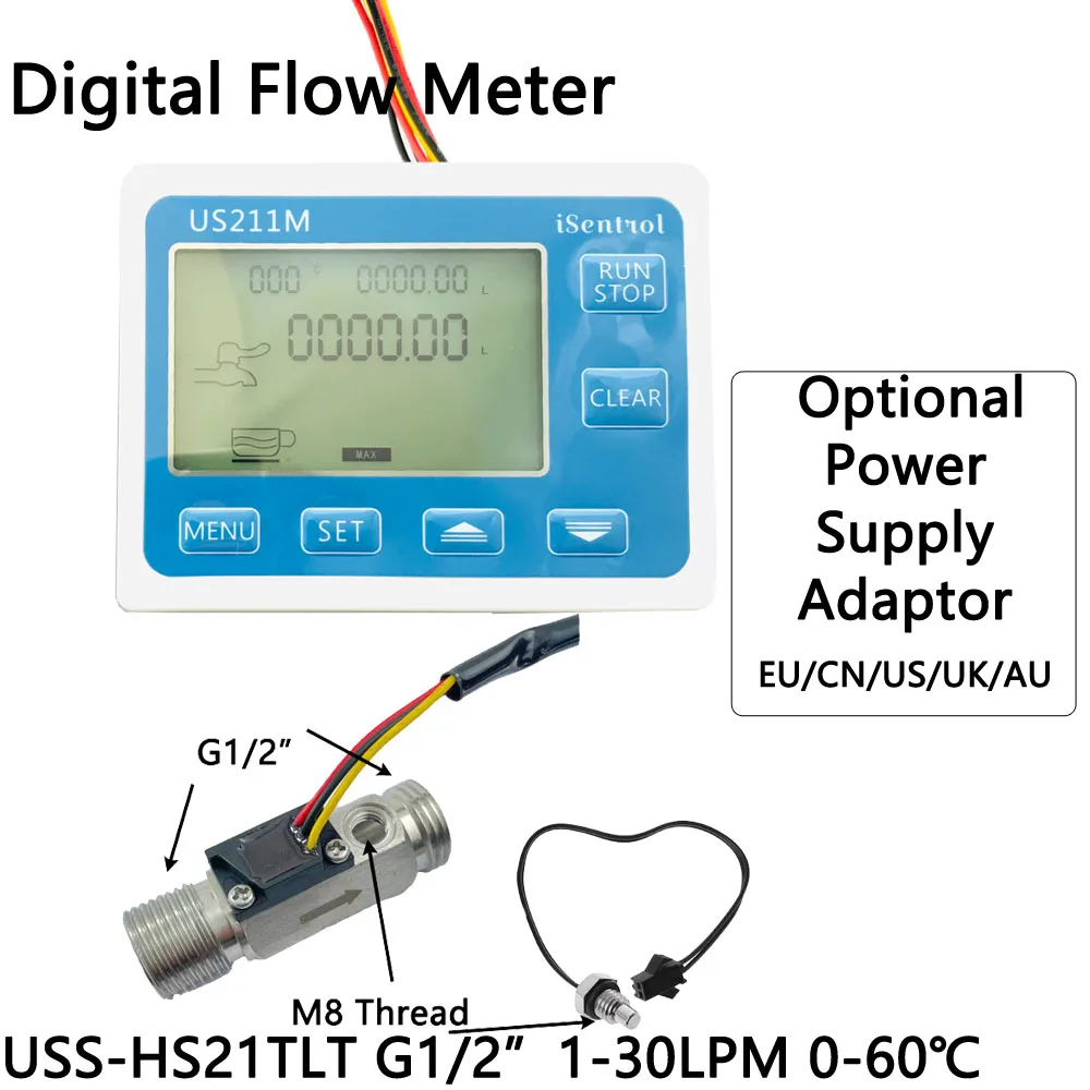 

US211M Water Flow Meter Totalizer with G1/2“ SUS304 Stainless Steel USS-HS21TLT 1-30L/min Liquid Meter with Temperature iSentrol