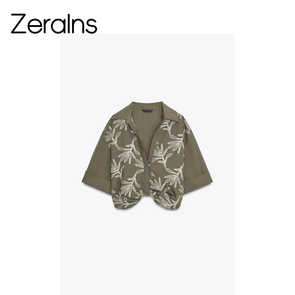 ZERAINS Collar rolled edge short sleeved embroidered shirt with buckle embroidery double breasted high waisted skirt pants set