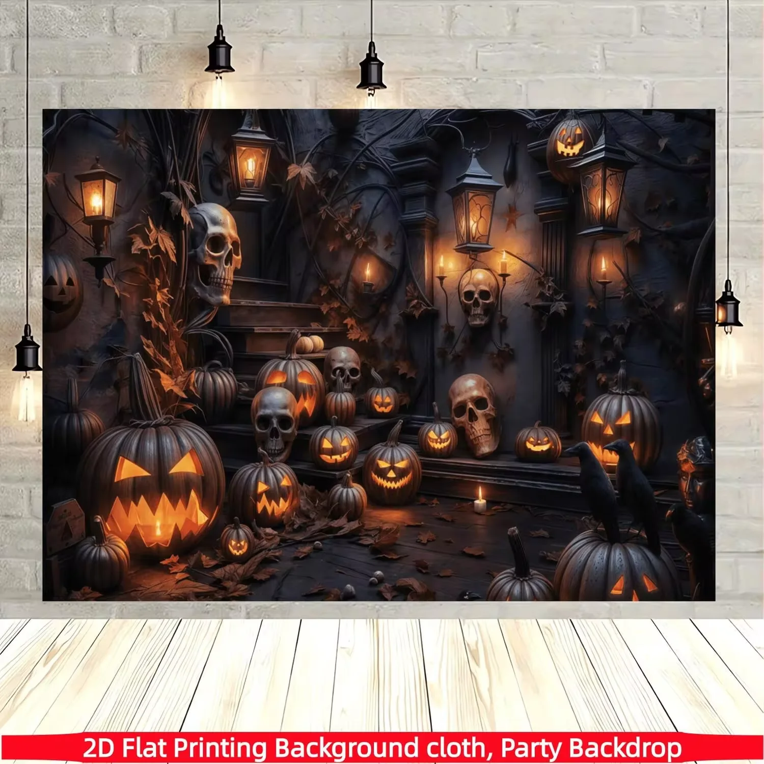 2D Flat Banner 1pc Dark Castle Stairs Glowing Pumpkin Lantern Skeleton Crow Withered Branches Autumn Leaves Halloween Banner Sui