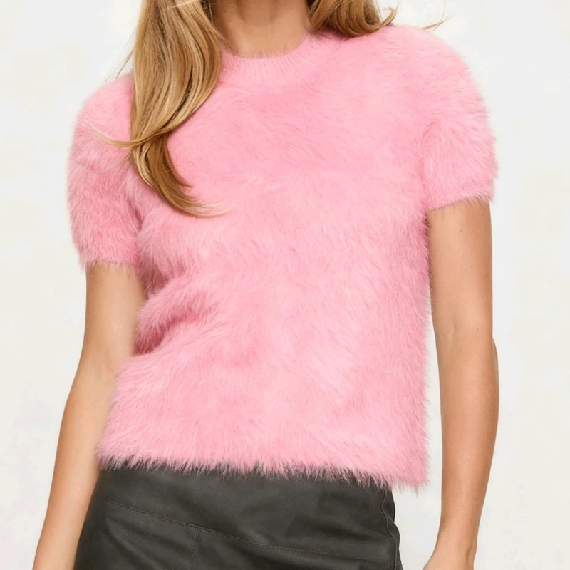 

Luxury Women Short Sleeve Furry Grey Cotton T-Shirt Soild Color Slim Fitted 2000s Collection Pullovers Alternative Clothes