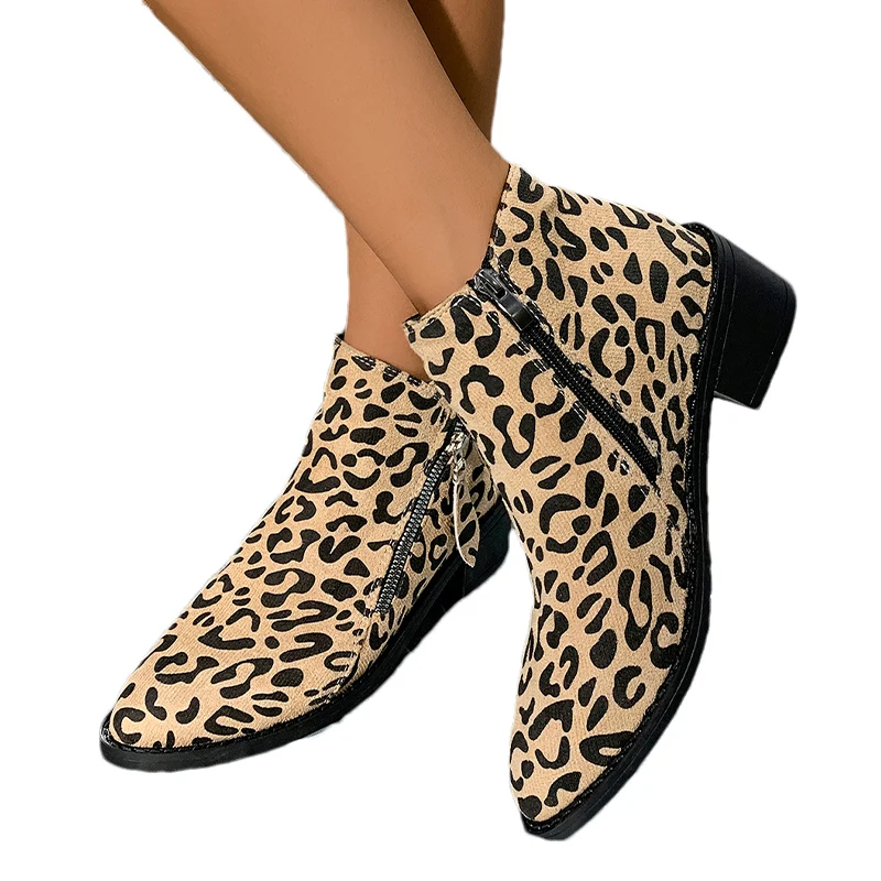 Leopard Leather Chunky Women Ankle Boots Pointed Toe Mid Heels Shoes Winter Shoes 2025 Trend Classic Pumps Goth Botas De Mujer