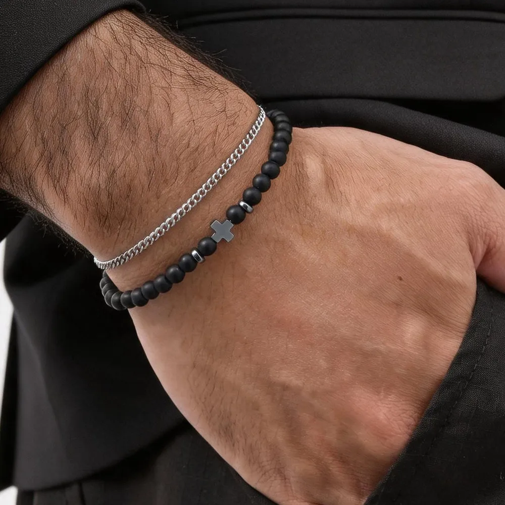 2pcs Cross Bracelets for Men,Stainelss Steel Adjustable Chain Link Wristband,Casual Elastic Healing Bracelet Jewelry Gift