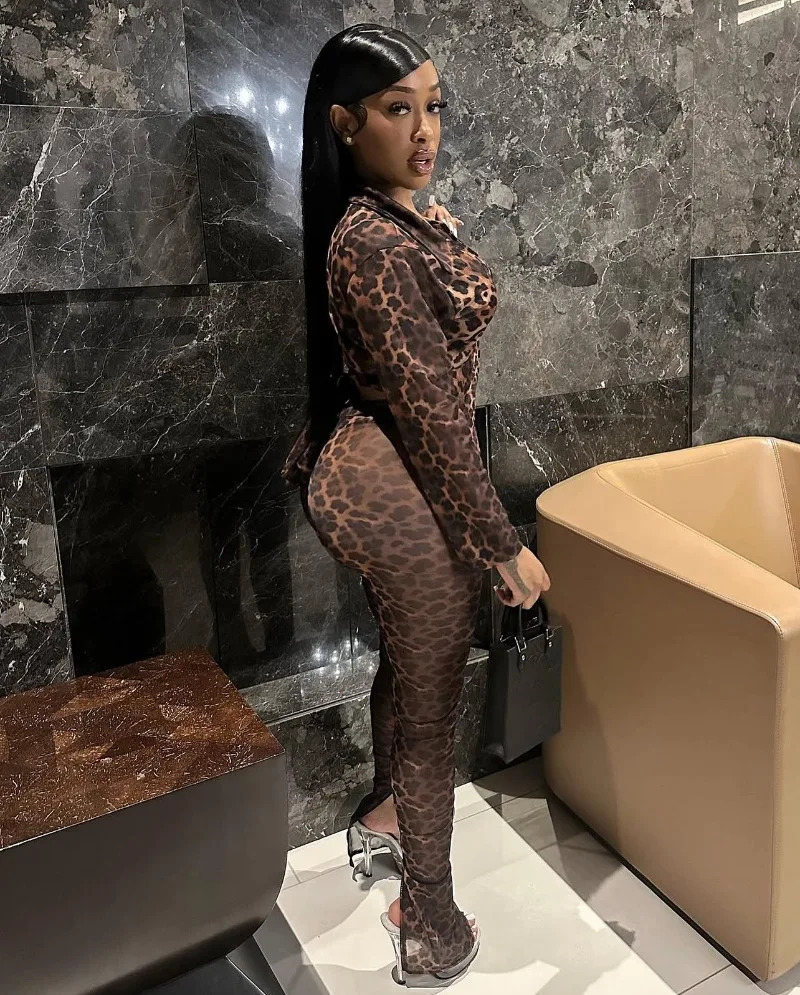 

Women Sexy Leopard Print Mesh 2 Piece Set Long Sleeve Single Breasted Lace Up Shirts Tops + Skinny Pants Stretch Clubwear Suits