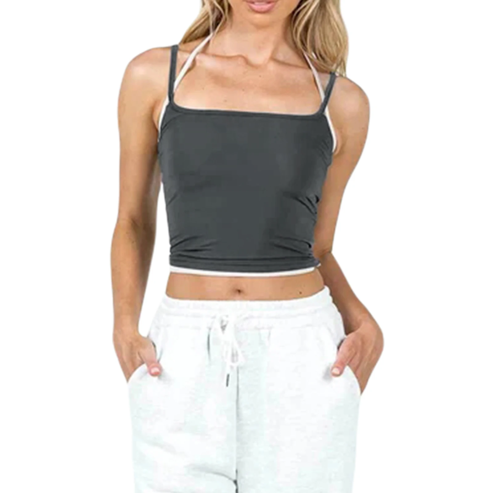 Fashion Women's Tank Tops Summer Camis Mini Sling Vests Gray Sleeveless Hanging Neck Contrast Color Tops Streetwear Y2k