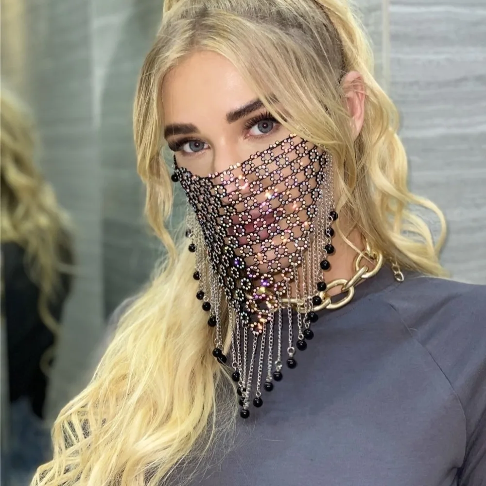 

Fashion Fishing Net Rhinestone Mask Tassel Bling Face Cover Hollow Shining Masquerade Mask Girl