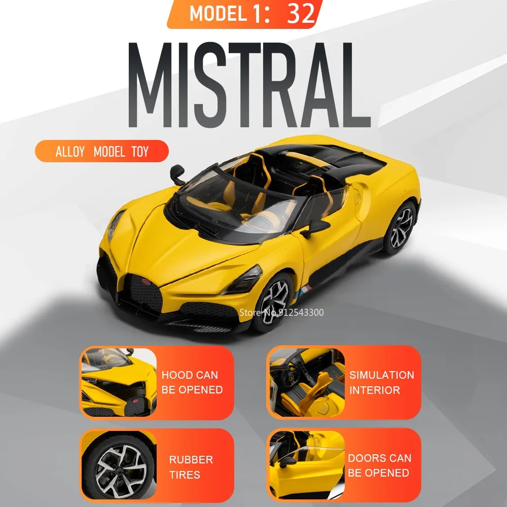 

1:32 MISTRAL Car Model Toys Doors Opened Alloy Body Rubber Tires Racing Vehicle Metal Diecast Models Collectible for Children