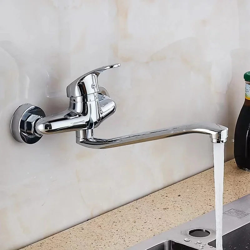 Chrome Taps for Kitchen Sink Basin Faucets Kitchen Tap Dual Hole Wall Mounted Hot Cold Tap Kitchen Mixer Bathroom Faucet