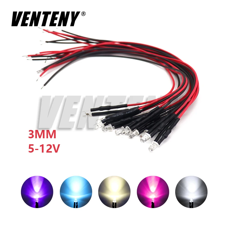 10PCS 3mm LED 5-12V 20cm Pre-wired White Red Green Blue Yellow UV RGB Diode Lamp Decoration Light Emitting Diodes Pre-soldered