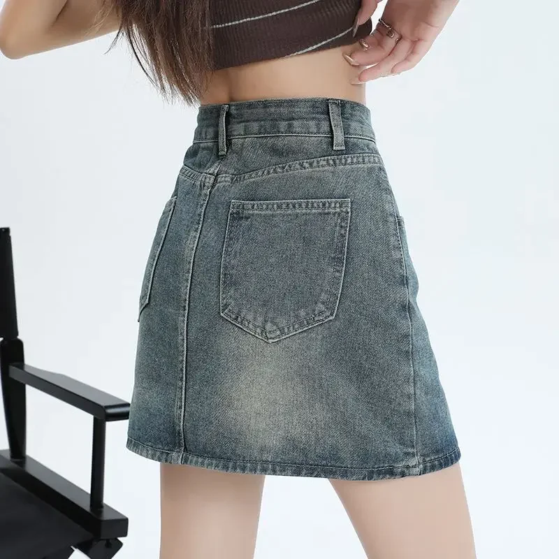 여름 다목적 짧은 스커트 여성 패션 섹시 슬림 하이 웨이스트 랩 힙합 미니 스커트 여성 한국어 세련된 포켓 a 라인 데님 스커트