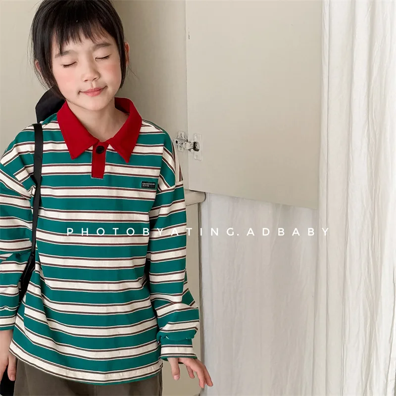 2025 Spring Autumn Fashion Children Clothes Girls Long Sleeve Striped T-shirt Boys Cotton Casual Tops 1-6 Years Kids Polo Shirts