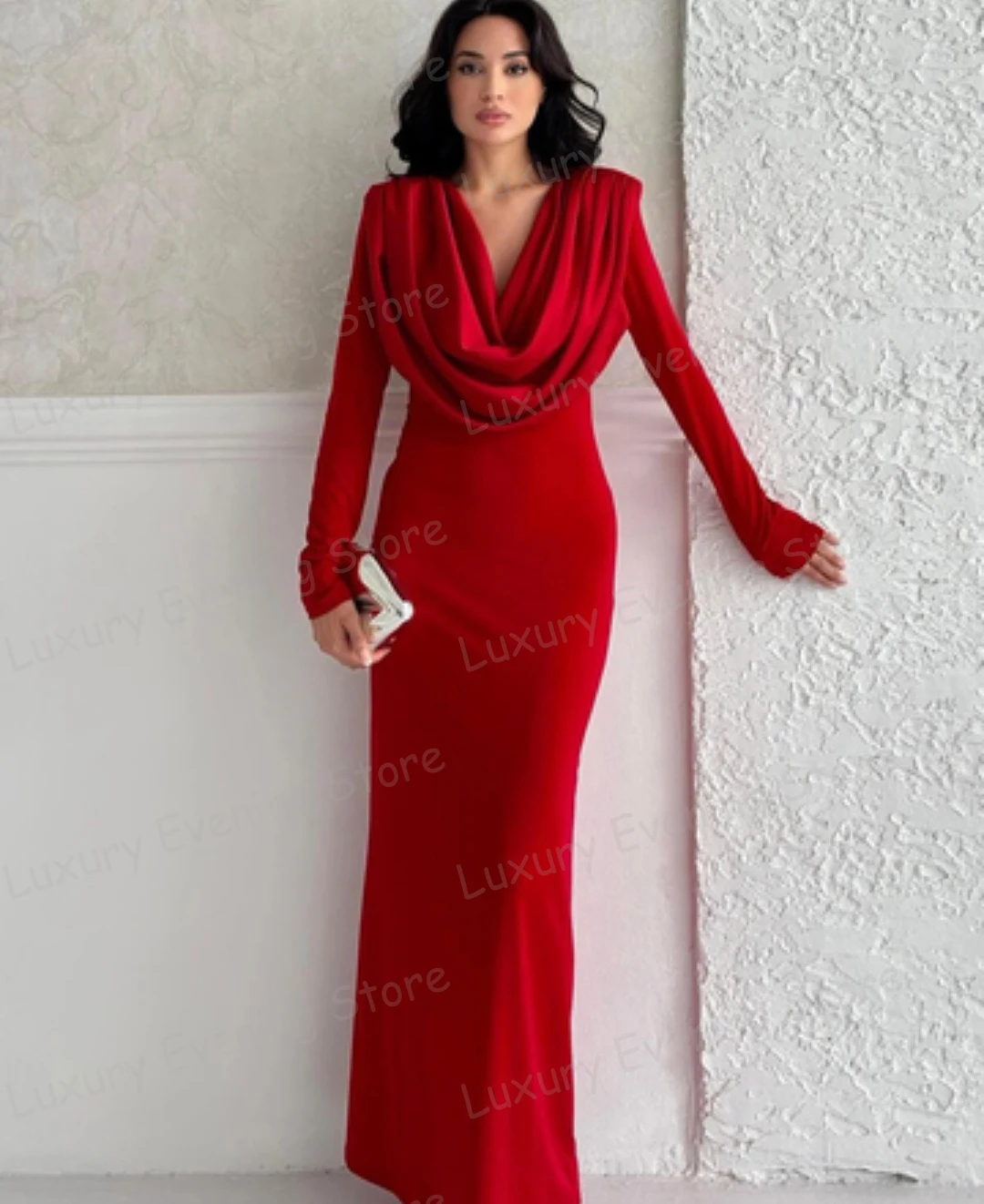 Proste czerwone sukienki wieczorowe damskie, krój syreny, dekolt łódka, falbany, długi rękaw, suknie balowe, formalne Vestidos De Novia, na przyjęcie, szyte na miarę.