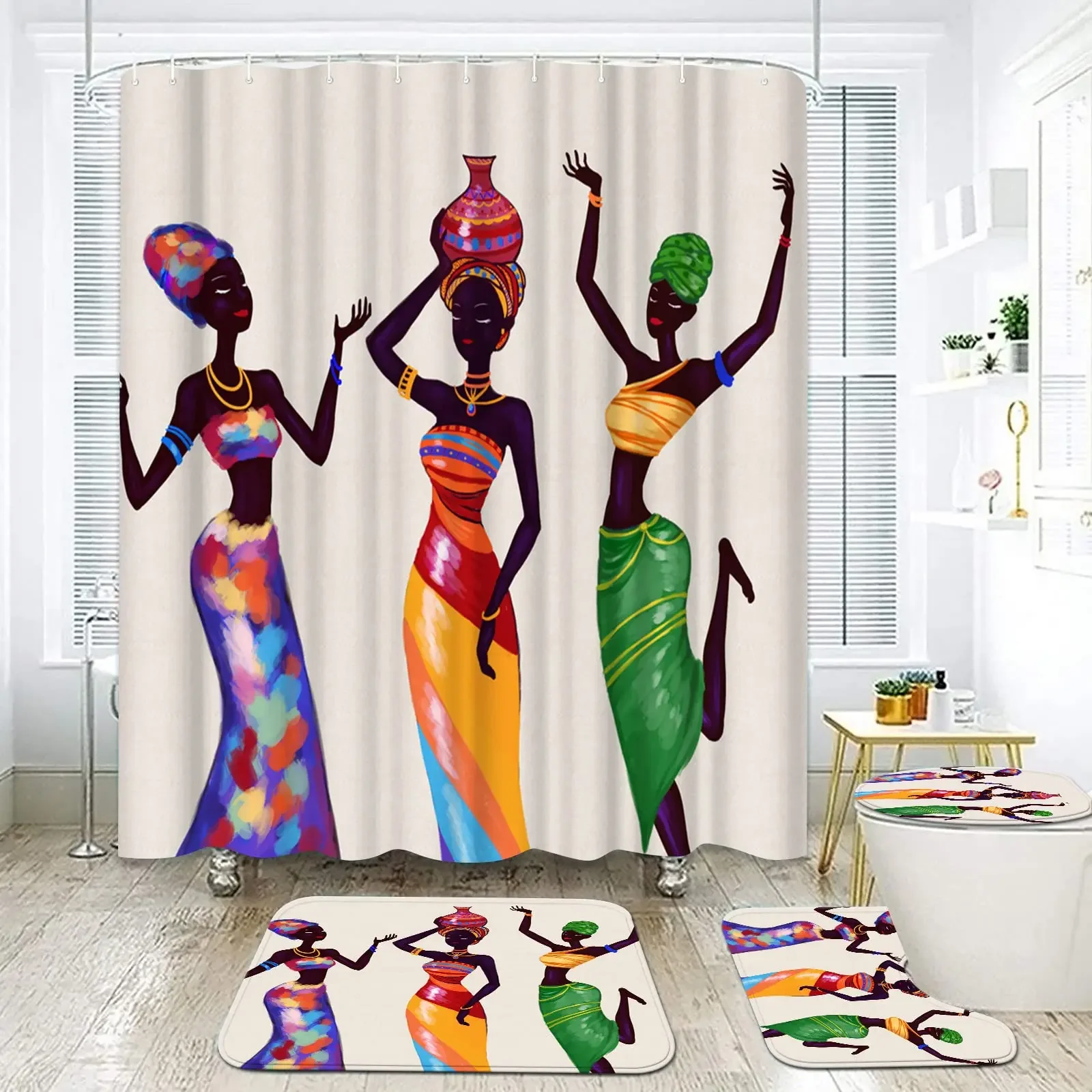 Vintage African Woman Shower Curtain Set Bathroom Curtains Bath Carpet Anti-slip Mats Doormats Soft Toilet Rugs Home Decor 4pcs