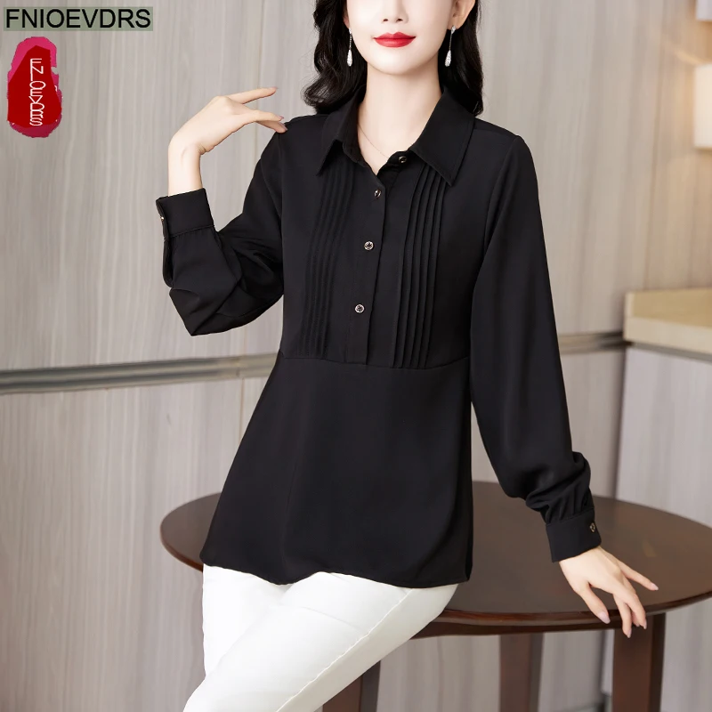 Elegant Black Basics Shirts New Fashion Woman Autumn Spring Long Sleeve Solid Retro Office Lady Button Peplum Tops Blouses