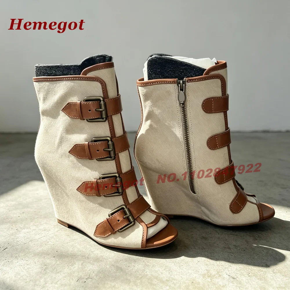 Peep Toe Wedge Ankle Boots Multiple Buckle Strap Booties Retro Side Zipper Patchwork High Heels Women's Booties Winter Casual