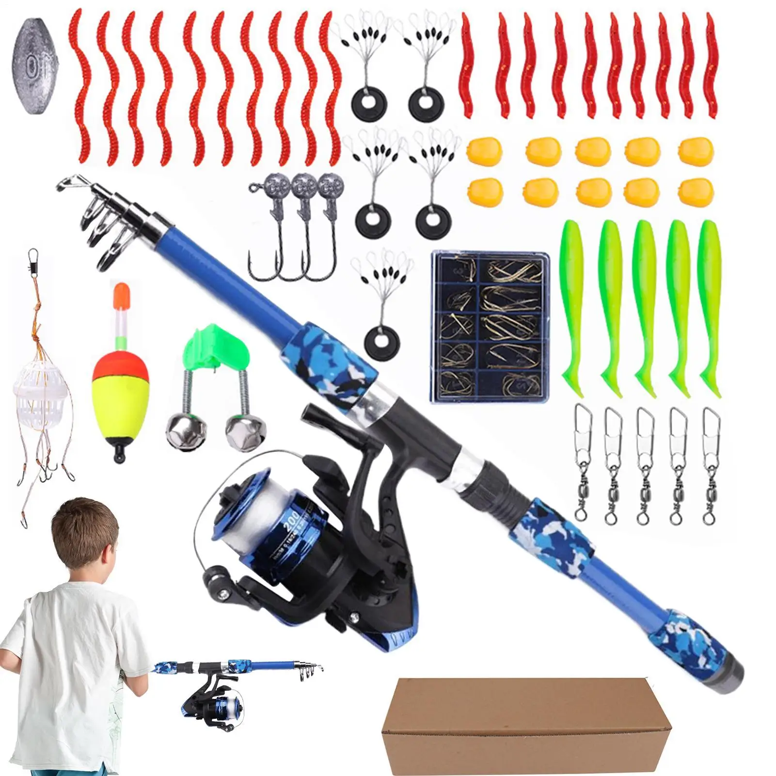 キッズフィッシングセット、初心者向け釣り道具、ロッドとタックル付き、裏庭、公園、ビーチ旅行、夏の家族活動に最適