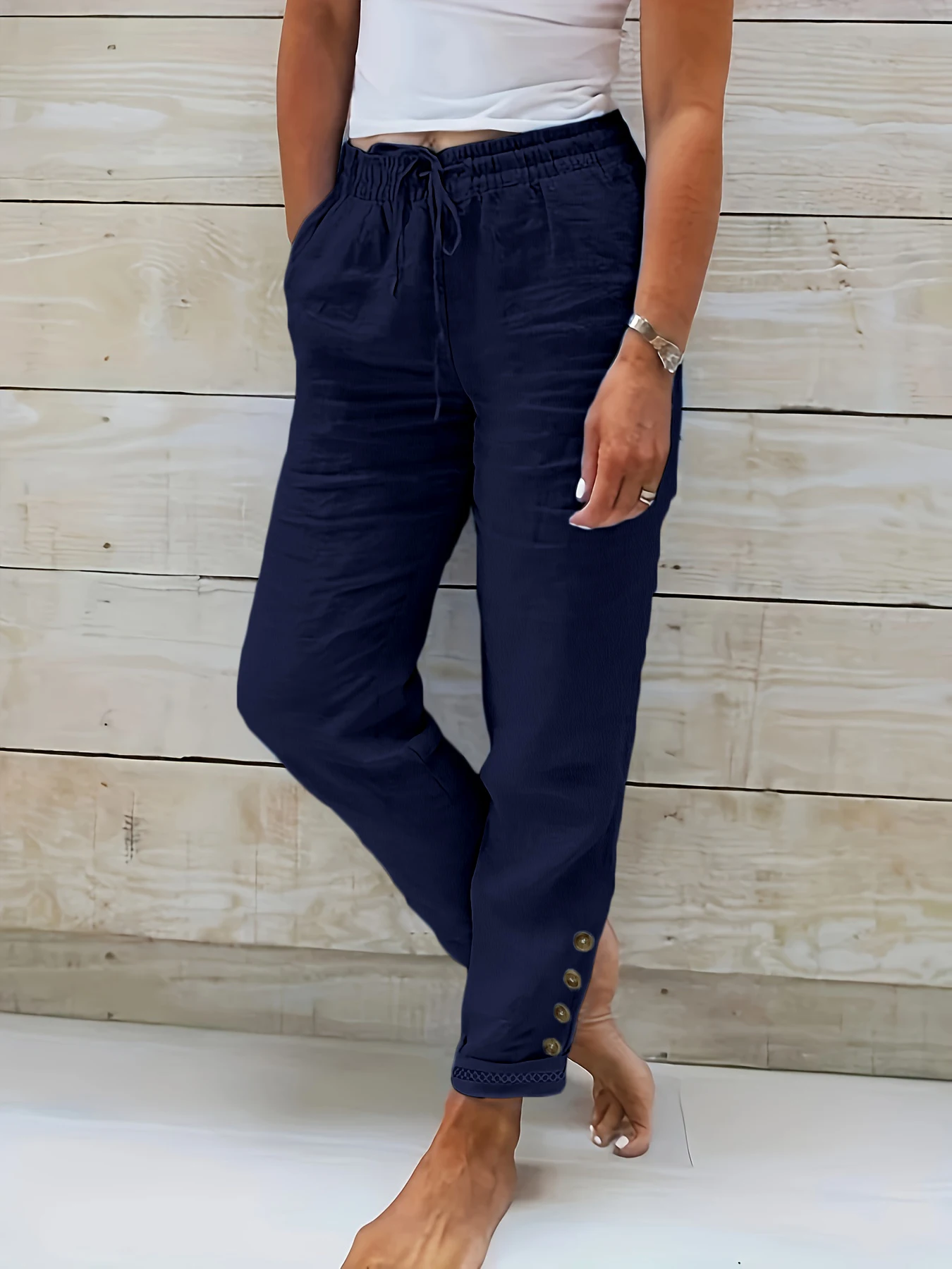 Women Loose Casual Elastic Waist Pants With Pockets Solid Color Female All Match Straight Long Trousers