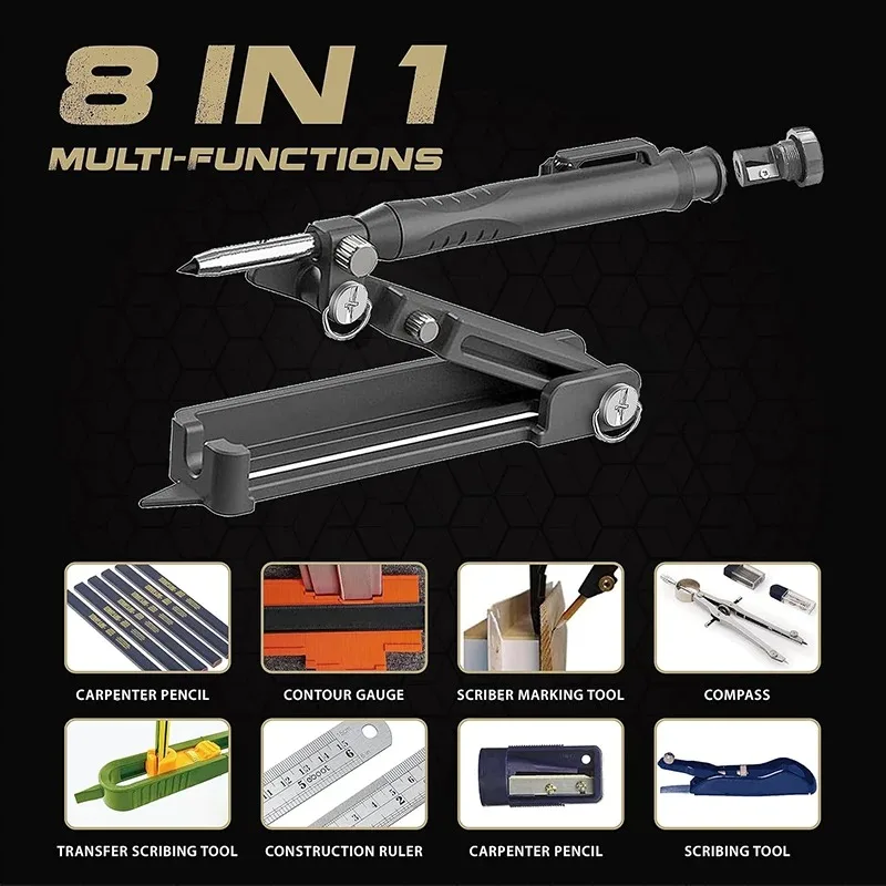 Woodworking graffiti line measurement woodworking construction tool multifunctional marking ruler set contour gauge pen