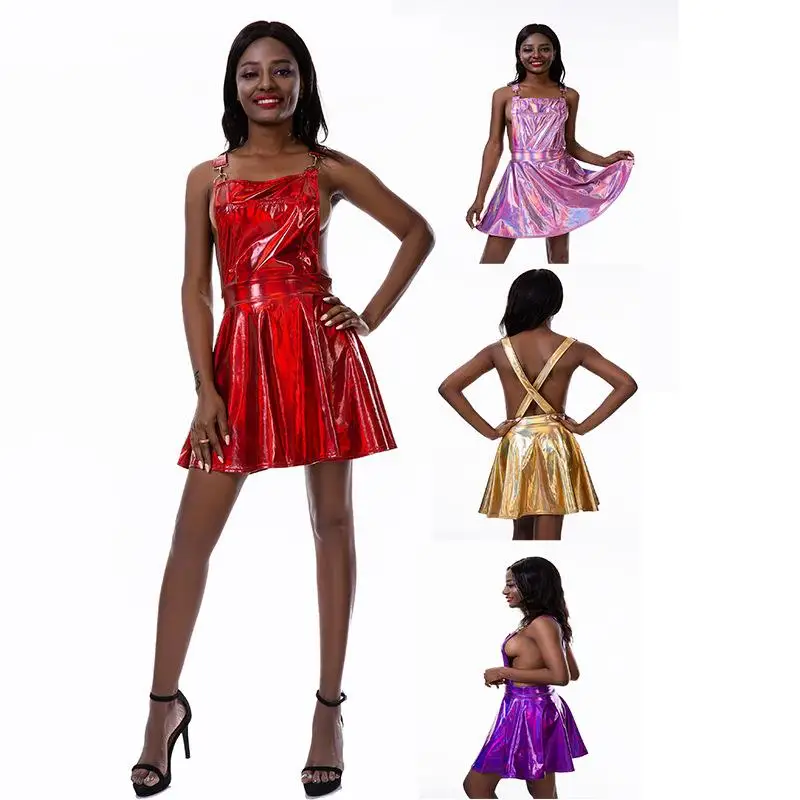 Laser Iridescent Bal t-shirt femme sangle Dr taille haute a-ligne jupe Polyester Fiber rue Sle t-quarts Sve