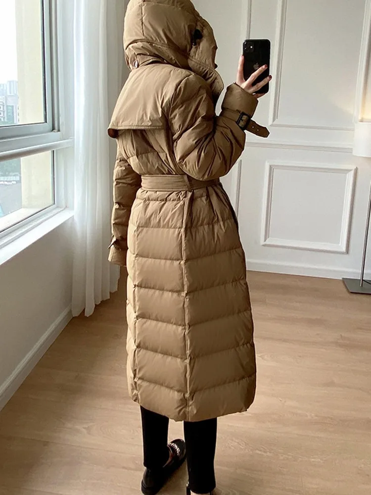 Women Winter Windbreaker Long Down Jacket Double Breasted Belted Hooded Overcoat Vintage Office Ladies Thick Warm 90% Down Coats