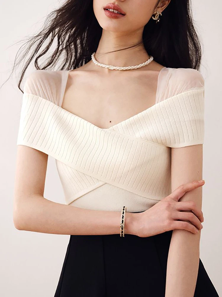 

Black White Short Style T-shirt Women Knitted Tops Sexy V Neck Mesh Summer New Thin Knit T-shirts Korean T Shirt Woman Clothes