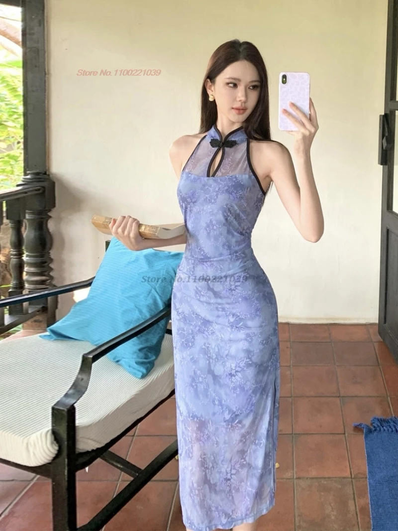 

2026 Китайское сексуальное сетчатое платье-ципао, улучшенное, с принтом национальных цветов, без рукавов, ретро, для банкетов и вечерних мероприятий.