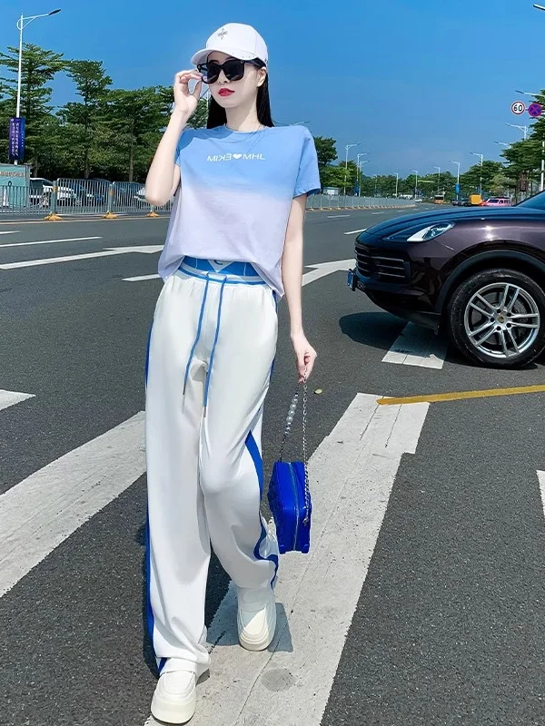Fashionable Sportswear Set Women's Summer Gradient Short Sleeve Top Wide Leg Pants Two Piece Set Casual Sportswear Design