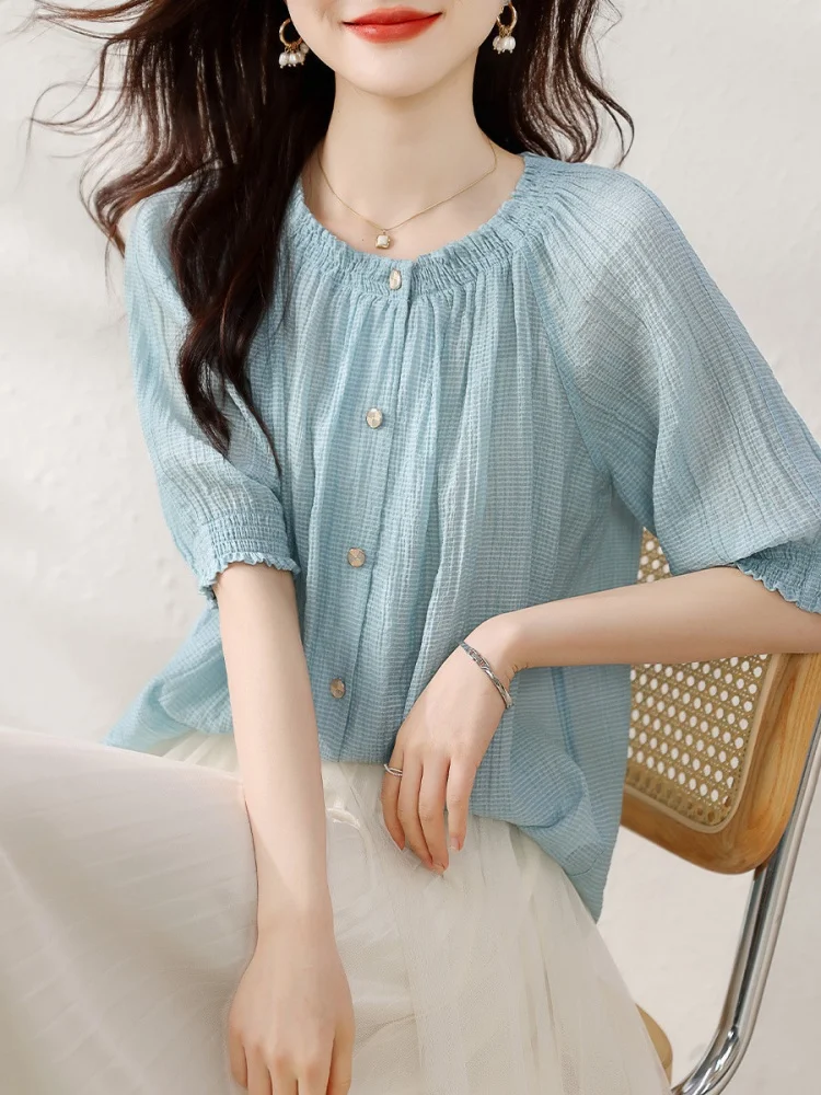 Summer Women's Fashion Loose Fitting Chiffon Shirt Top Elegant Commuting Versatile Round Neck Short Sleeve Single Breasted Shirt