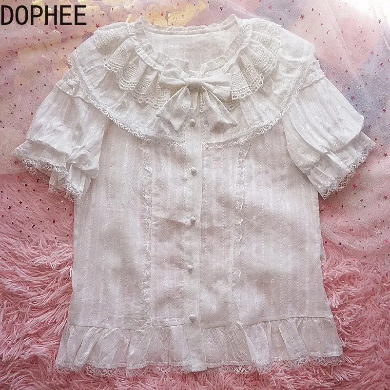 Japanese New Spring Summer Cute Bow Lace Peter Pan Collar Students Shirts All-match Elegant Single-breasted Ruffles Lolita Tops
