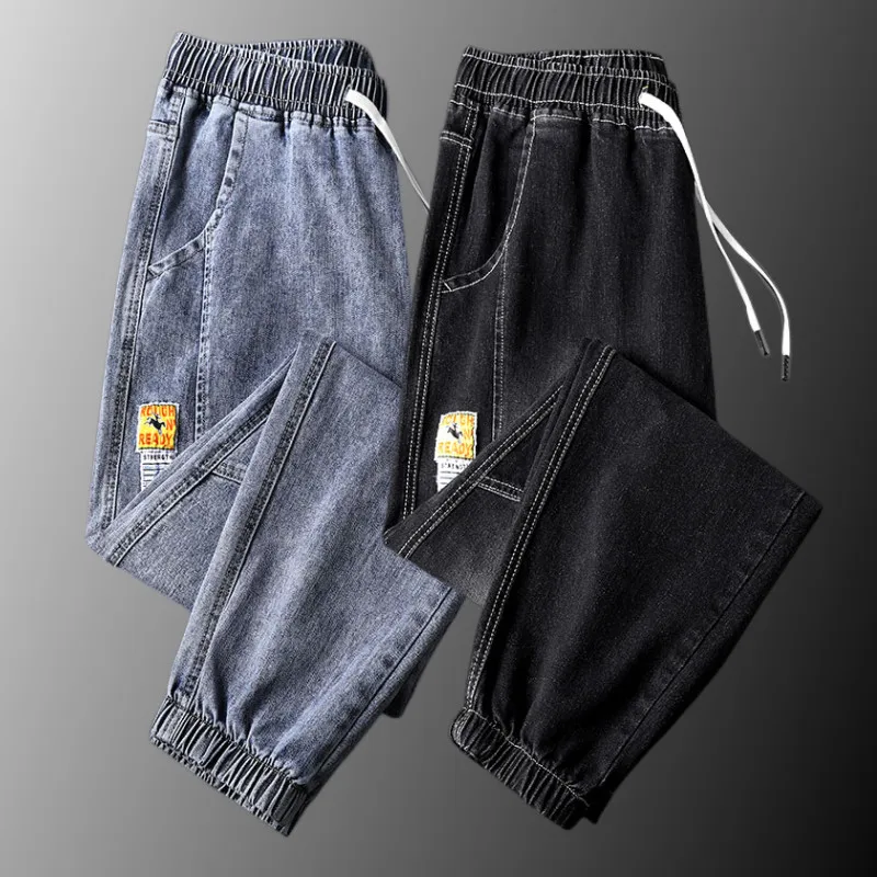 

Loose Casual Sports Jeans for Men Spring Autumn Fashionable Elastic Waist Drawstring Closure Classic Blue Loose Fit Youthful