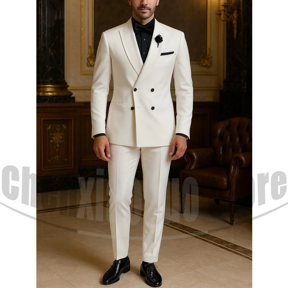 

Мужской двубортный костюм, комплект, шикарный однотонный наряд с пиковыми лацканами, тонкий модный формальный свадебный смокинг для жениха, вечеринки, из двух предметов