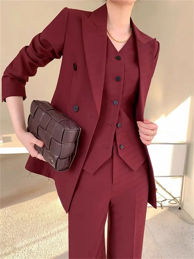 Burgundy Suit Set Women Spring 2024 Office Ladies Lapel Single Breasted Vest Wide Leg Pants Blazer Three Piece Set B257