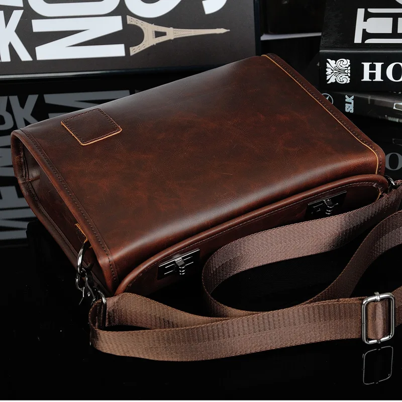 Men\'s Vintage Leather Shoulder Crossbody Bags Casual Men Messenger Bag Double Twist Lock Design Satchel Male Small Sling Bag