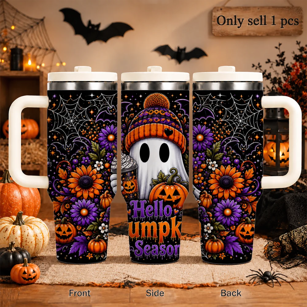 Floral Ghost Halloween Vacuum Flasks 40oz Leakproof Insulated Tumbler with Handle Straw Lid, Stainless Steel Travel Cup