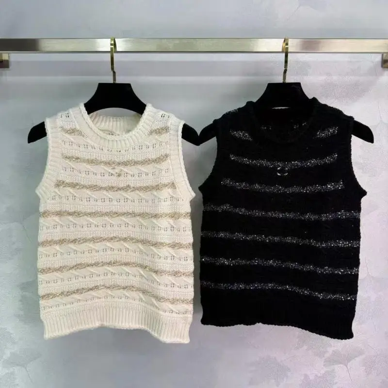 

2025 Summer New Fashion Crewneck Sequin Striped Knit Retro All-match Vest Double Stripe Sleeveless Top