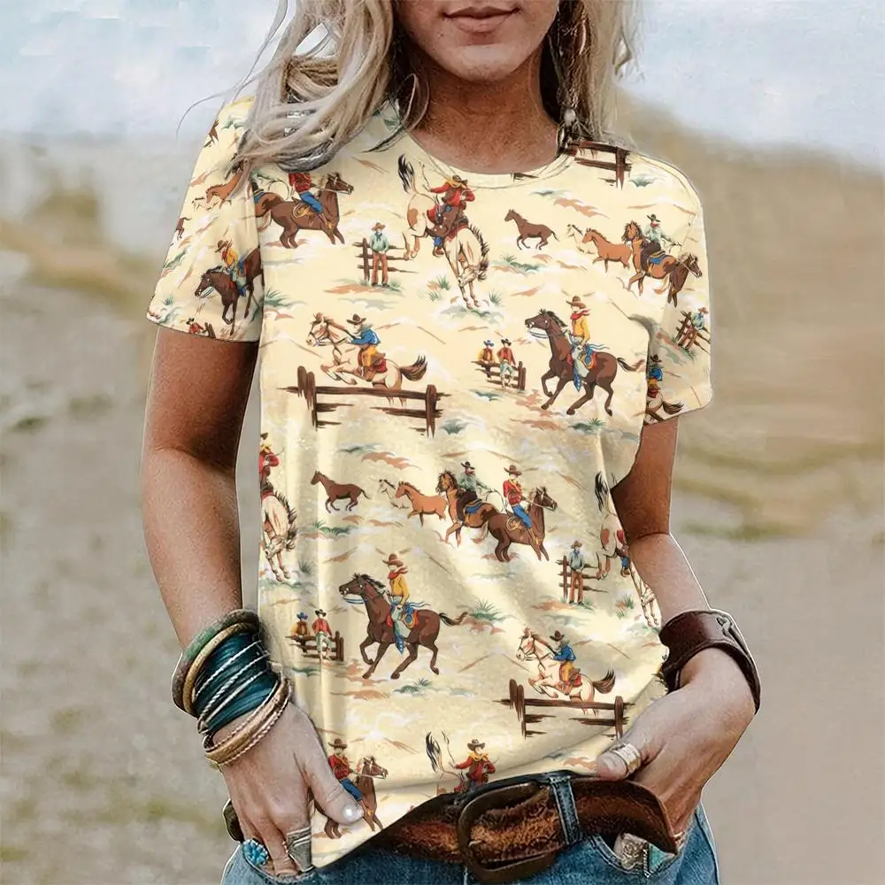 Summer Women T-Shirts Short Sleeved West Cowboy Horse Print Tops 2024 Fashion Blouse For Women Oversized Vintage Female Clothing