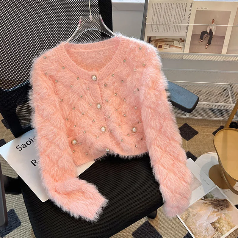 

Nice Autumn Winter New Fashionable Diamonds Solid Color O-neck Long Sleeve Sweater Coat Female Korean Plaid Cardigan Top Tee