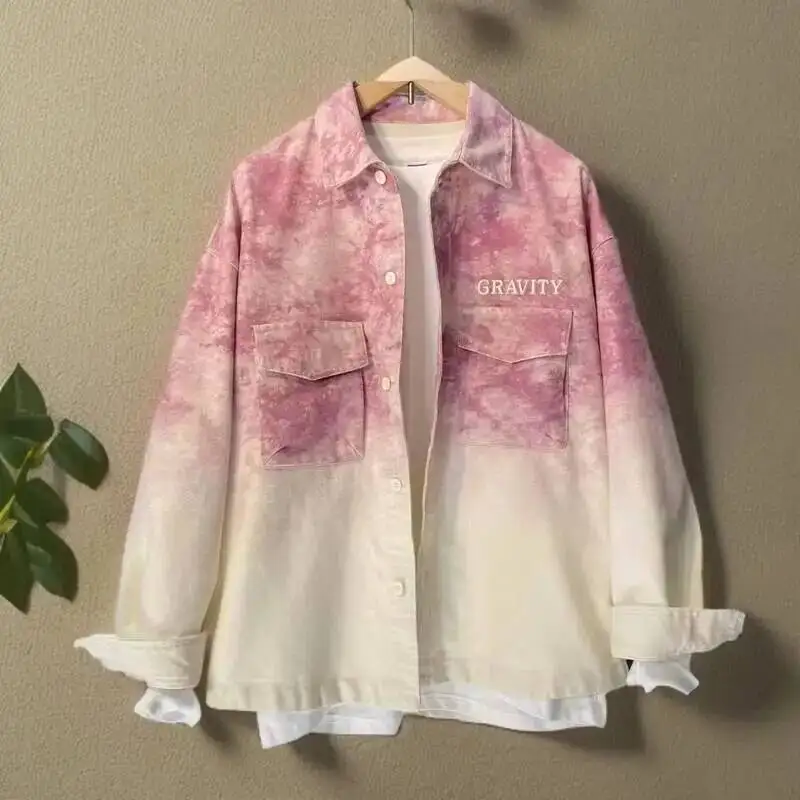 Women Jeans Jacket Washed Tie Dye Gradient Denim Shirt Autumn New Embroidered Jacket Loose Oversized Unisex Couple Top