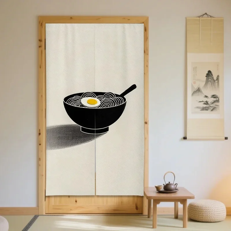 VIKAMA Minimalist Food Noren Curtain Line Art Ramen Bowl Pattern Fabric Doorway Partition Curtain for Japanese Restaurant